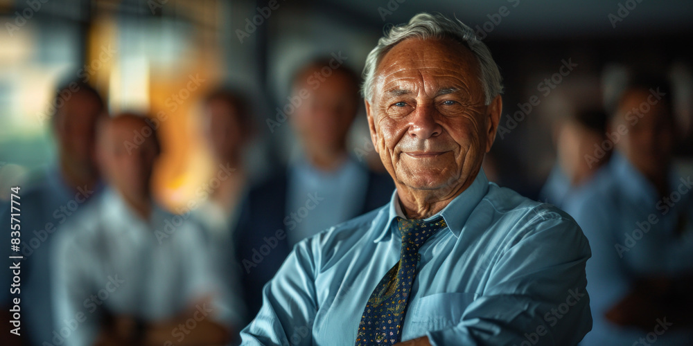 A portrait of a smiling senior businessman, standing in front of his team at the office. A portrait of a smiling senior businessman, standing in front of his team at the office.