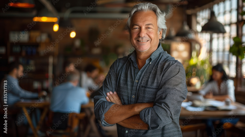 Fototapeta premium A portrait of a smiling senior businessman, standing with his arms crossed in his office, with a group of people working at a table behind him.