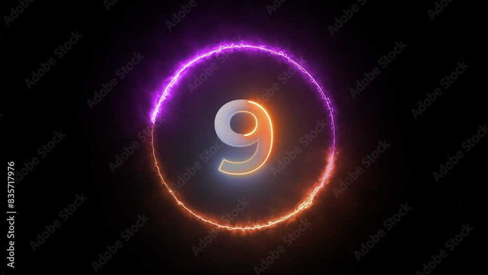 Obraz premium Glowing Number Nine Countdown In A Purple And Orange Ring Of Light