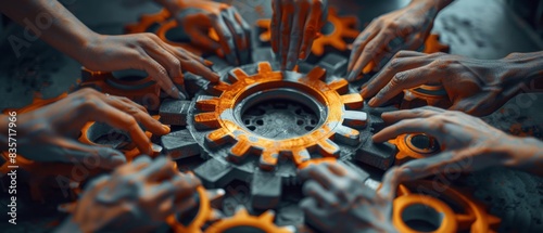 Hands holding and assembling an intricate orange metal gear, signifying collaborative efforts in product development.