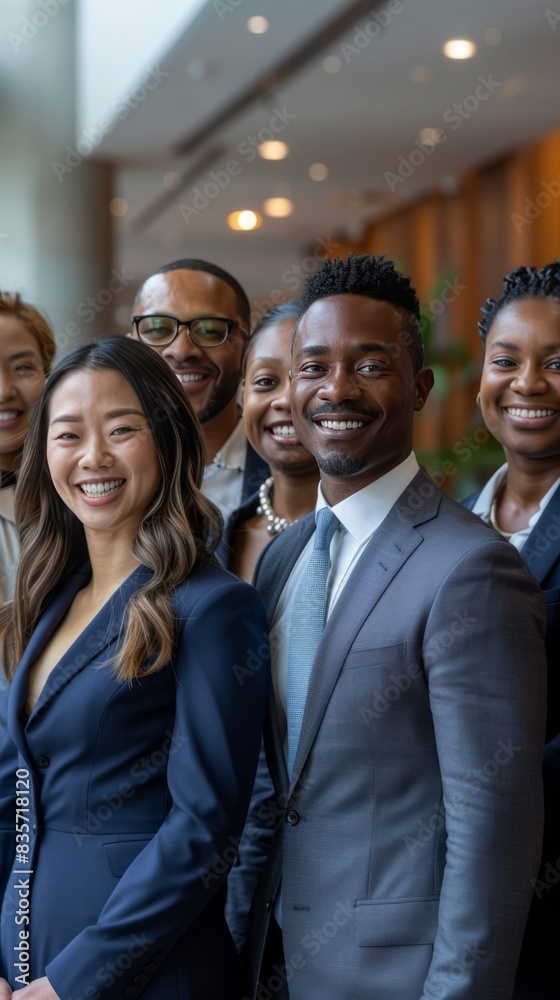 A diverse group of businesspeople standing in an office, smiling and looking at the camera with confidence, wearing suits and ties or dresses, representing different ages and ethnicities. A diverse group of businesspeople standing in an office, smiling and looking at the camera with confidence, wearing suits and ties or dresses, representing different ages and ethnicities.