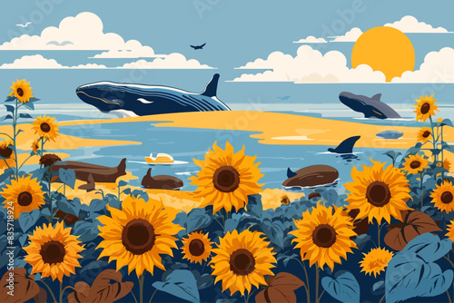 mural blue background several whales and sunflower illustration