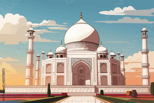 The Taj Mahal white marble mausoleum on the right bank of the river Yamuna in Agra illustration