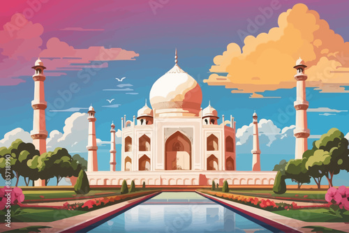 The Taj Mahal white marble mausoleum on the right bank of the river Yamuna in Agra illustration