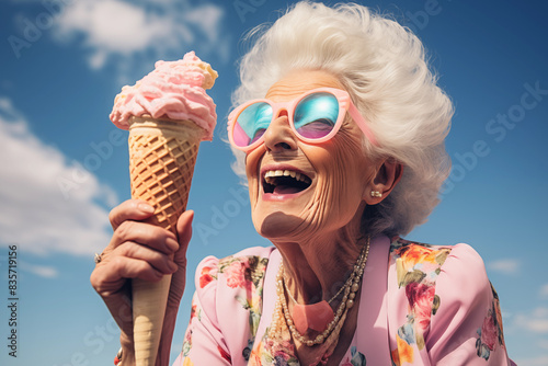 Elderly Woman With Glasses Holding Ice Cream Cone. Generative AI