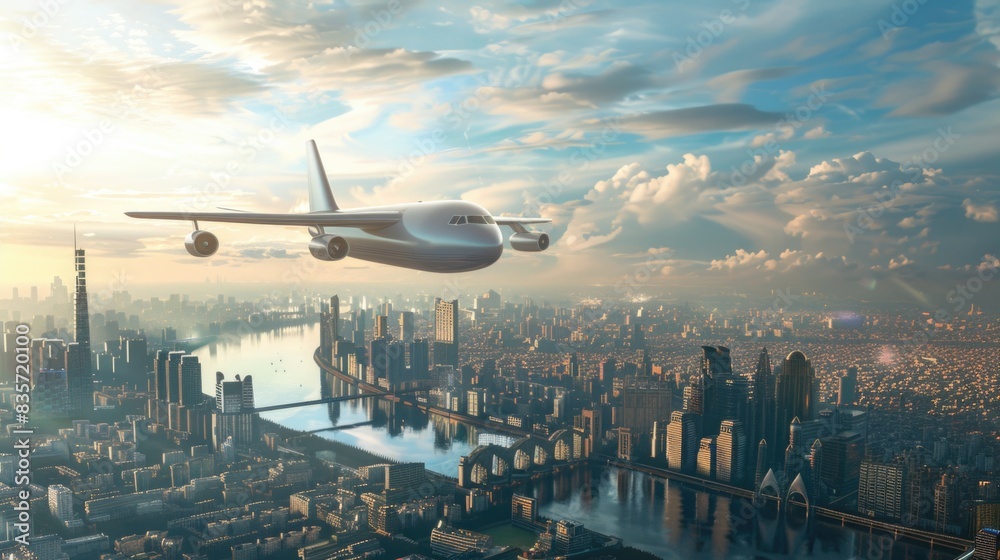 A cargo airplane equipped with state-of-the-art navigation and communication technology, flying over a modern cityscape, representing the future of air freight A cargo airplane equipped with state-of-the-art navigation and communication technology, flying over a modern cityscape, representing the future of air freight