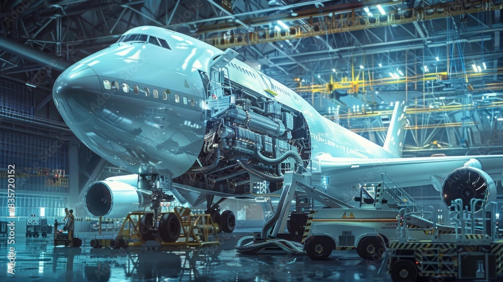 A futuristic cargo plane undergoing maintenance with robotic arms and digital diagnostics systems, showcasing the role of technology in aviation upkeep A futuristic cargo plane undergoing maintenance with robotic arms and digital diagnostics systems, showcasing the role of technology in aviation upkeep
