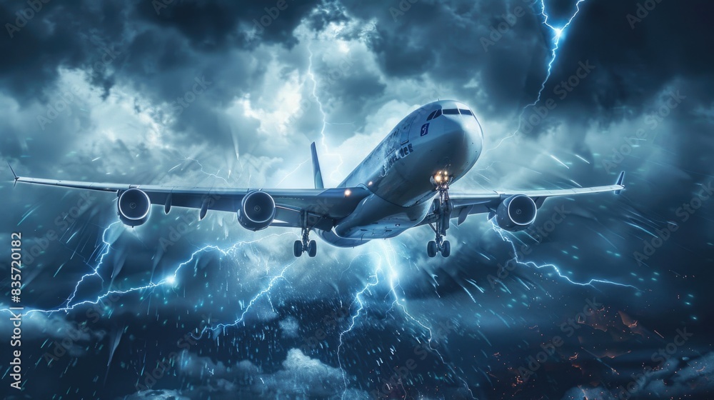 Fototapeta premium A cargo aircraft equipped with advanced safety features and digital monitoring systems, flying through a stormy sky, highlighting technological advancements