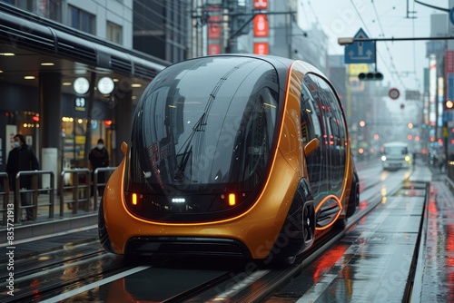 Futuristic autonomous vehicle driving through a modern urban street on a rainy day, showcasing advanced technology and city transportation innovation.