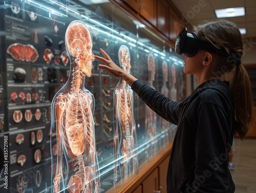Person using virtual reality to interact with anatomical displays on a transparent screen  learning human body structure in a futuristic setting.
