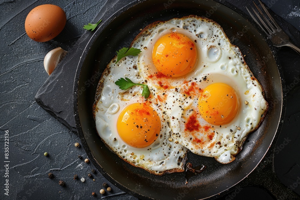Three Sunny-Side Up Fried Eggs with Seasoning in Cast Iron Skillet Three Sunny-Side Up Fried Eggs with Seasoning in Cast Iron Skillet