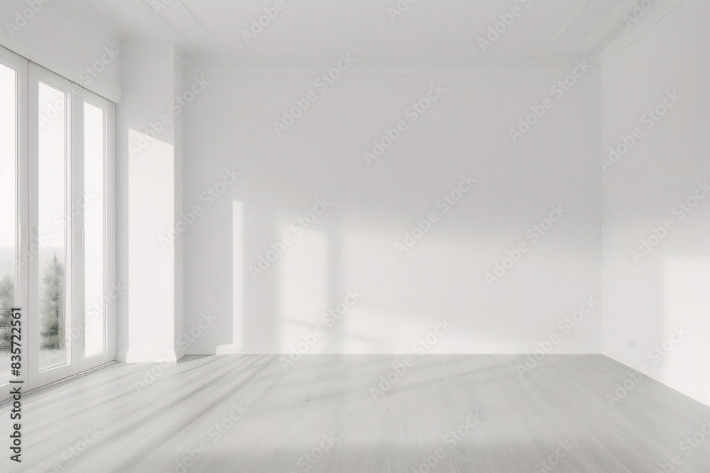 Fototapeta premium Stanza minima vuota con finestre e superficie luminosa naturale