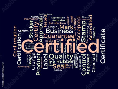 Certified word cloud template. Guarantee approval concept vector tagcloud background.