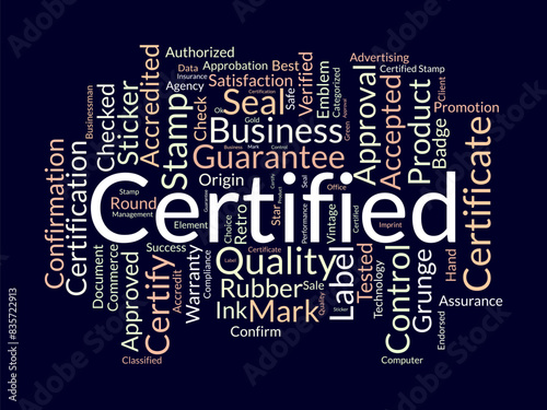 Certified word cloud template. Guarantee approval concept vector tagcloud background.