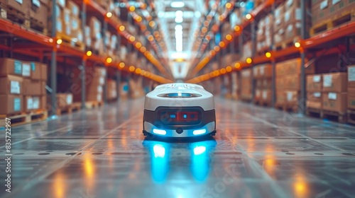 Automated warehouse robot navigating through aisles of storage shelves, representing modern logistics and technology in supply chain operations.