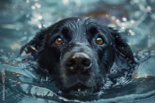 A black dog swimming in a pool of water photo