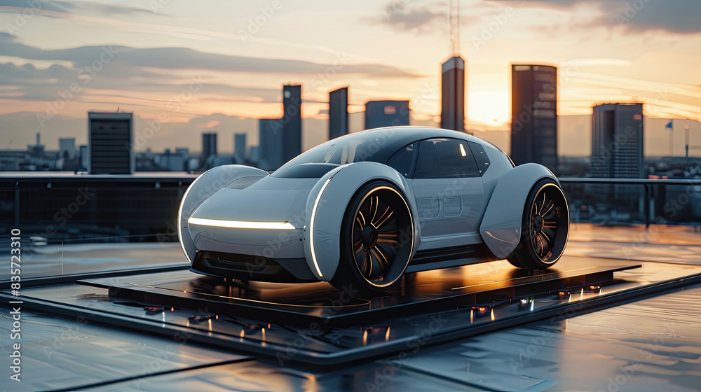 Obraz premium Futuristic Electric Car on Rooftop at Sunset Overlooking City Skyline
