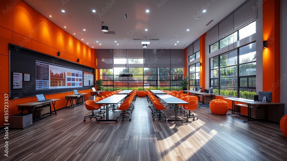 Modern conference room with bright orange decor, large windows, projectors, screens, and sleek furniture set for a professional meeting. Modern conference room with bright orange decor, large windows, projectors, screens, and sleek furniture set for a professional meeting.