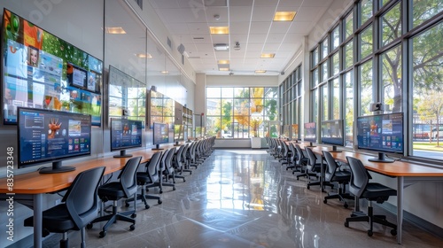 Modern tech workspace with multiple computer stations, large windows, and polished floors, ideal for collaborative work and innovation. photo