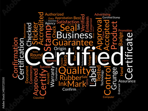 Certified word cloud template. Guarantee approval concept vector tagcloud background.
