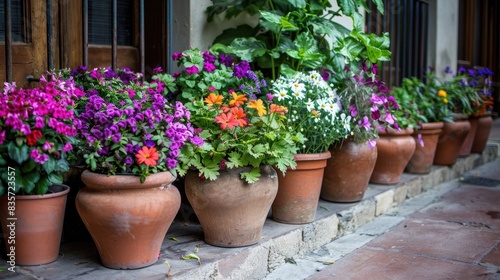 Abundant small brown garden pots filled with vibrant waller s balsamine arranged on the floor photo