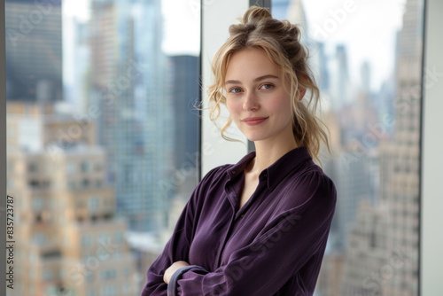 Caucasian businesswoman wearing purple formal shirt standing in modern office