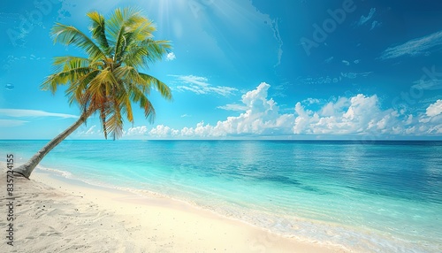 Tropical beach with white sand, turquoise ocean on background blue sky with clouds on sunny summer day. Palm tree leaned over water, beautiful. Perfect landscape for relaxing vacation, Maldives island