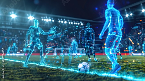 holographic display showing tactical strategies during a football match for both teams