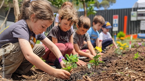 Children planting trees and flowers in a community garden