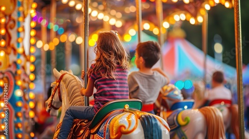 Children riding on a carousel at a carnival, with bright lights and colors