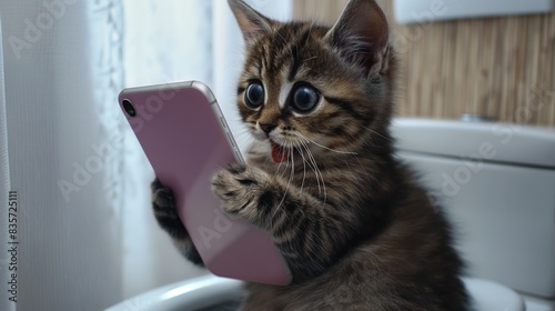 A very surprised kitten sits on the toilet and looks at a smartphone. Addiction to gadgets, new technologies, read news in toilet