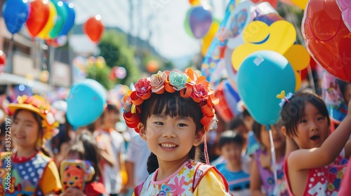 Children Day parade with floats, balloons, and children in festive attire