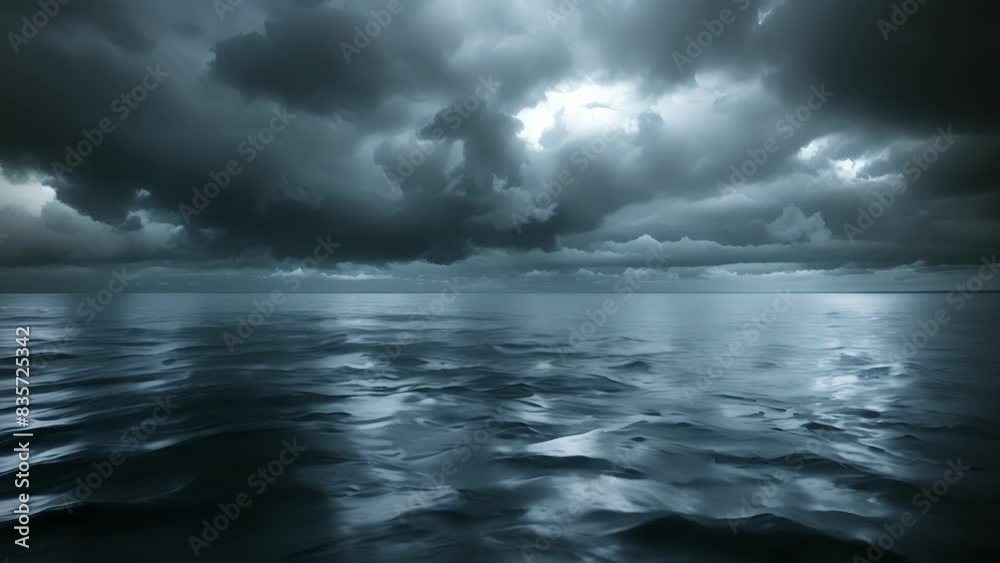 A dark and brooding sky hangs above a calm and tranquil lake representing the opposing forces of waves and particles. A dark and brooding sky hangs above a calm and tranquil lake representing the opposing forces of waves and particles.