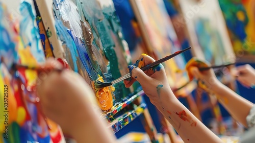 Close-up of children hands painting colorful pictures on easels