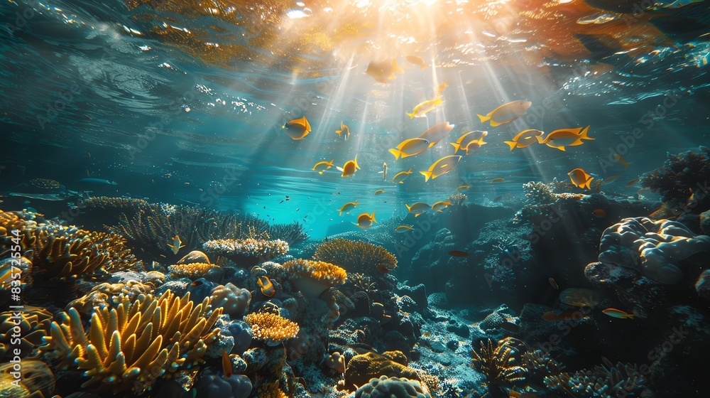 Obraz premium underwater scenery full of colorful fish and coral reefs.