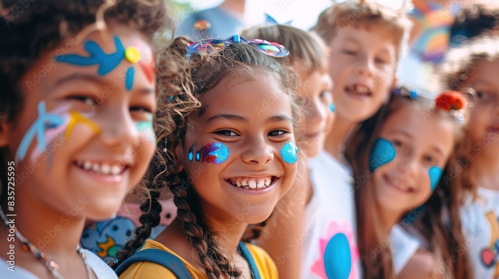 Group of kids having fun at a face painting booth with colorful designs Group of kids having fun at a face painting booth with colorful designs