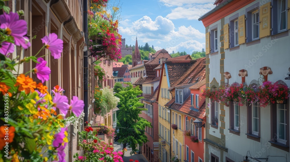 Fototapeta premium Serene houses in the town of Corfu with whitewashed walls and red-tiled roofs,