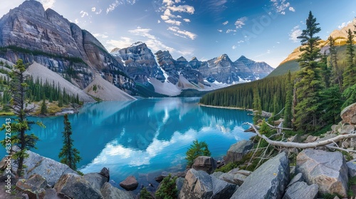 A peaceful lake with deep turquoise water,