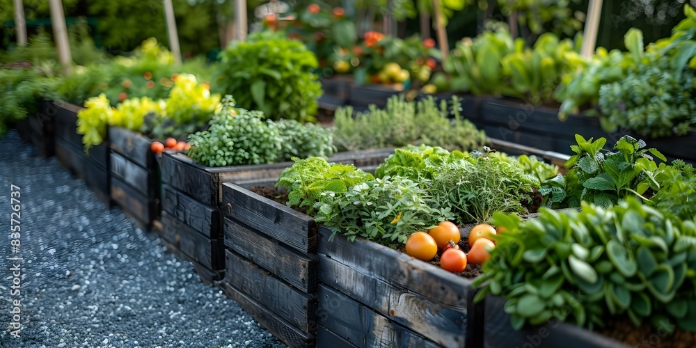 Garden beds with herbs fruits and veggies for consumption. Concept Herb Garden, Fruit Garden, Vegetable Garden, Edible Plants, Gardening Tips Garden beds with herbs fruits and veggies for consumption. Concept Herb Garden, Fruit Garden, Vegetable Garden, Edible Plants, Gardening Tips