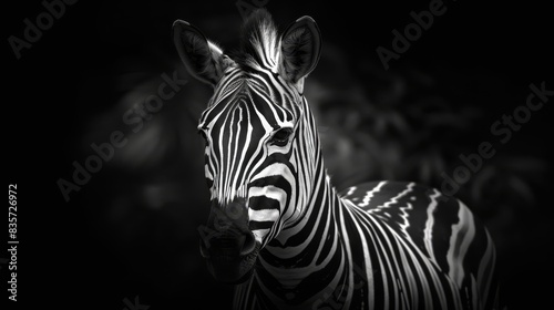  A monochrome image of a zebra gazing directly into the lens  backdrop of indistinct leaves softly blurred to the sides of its head