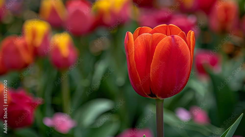 Fototapeta premium A tight shot of a red-yellow tulip amidst a sea of pink-yellow tulips; background softly blurred with similar hues