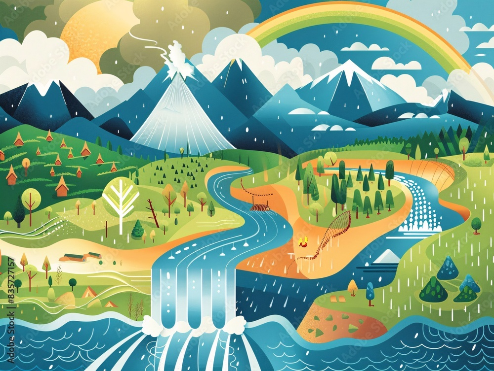A 4:3 Midjourney rendition of the water cycle in the style of a vintage scientific poster. Use bold colors and clear labeling to showcase the different stages. A 4:3 Midjourney rendition of the water cycle in the style of a vintage scientific poster. Use bold colors and clear labeling to showcase the different stages.