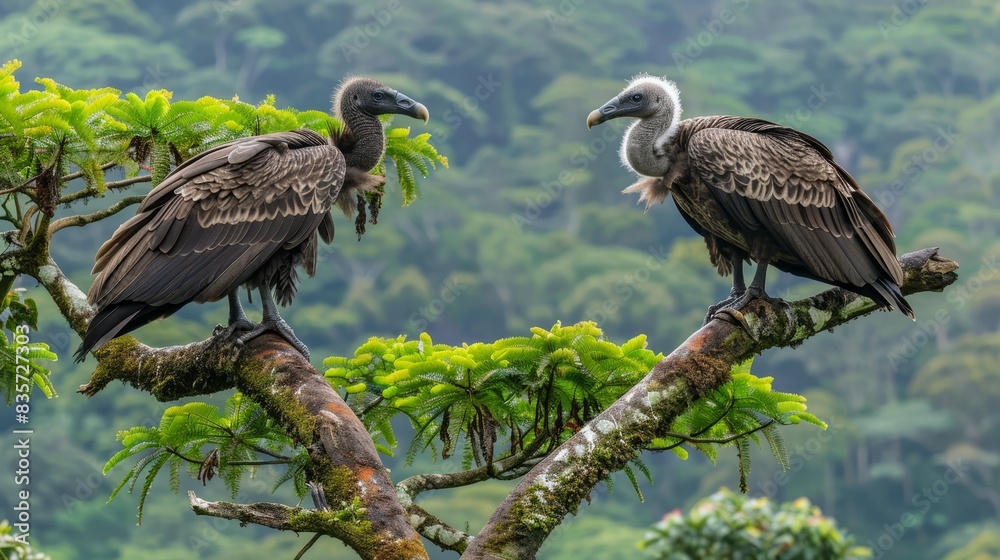 A couple of birds perch atop a tree, overlooking a lush green forest teeming with numerous leafy green trees In front, the forest continues, blanketed by countless A couple of birds perch atop a tree, overlooking a lush green forest teeming with numerous leafy green trees In front, the forest continues, blanketed by countless