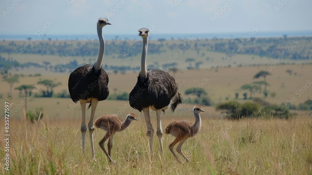 Naklejka premium Two ostriches and a baby stand in the tall grass Behind them, a field of trees stretches towards a blue sky with scattered clouds in the distance