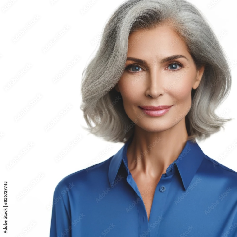 Beautiful gorgeous 50s mid aged mature woman isolated on white background. Natural beauty and aging, healthy glowing skin care beauty, skincare cosmetics concept Beautiful gorgeous 50s mid aged mature woman isolated on white background. Natural beauty and aging, healthy glowing skin care beauty, skincare cosmetics concept
