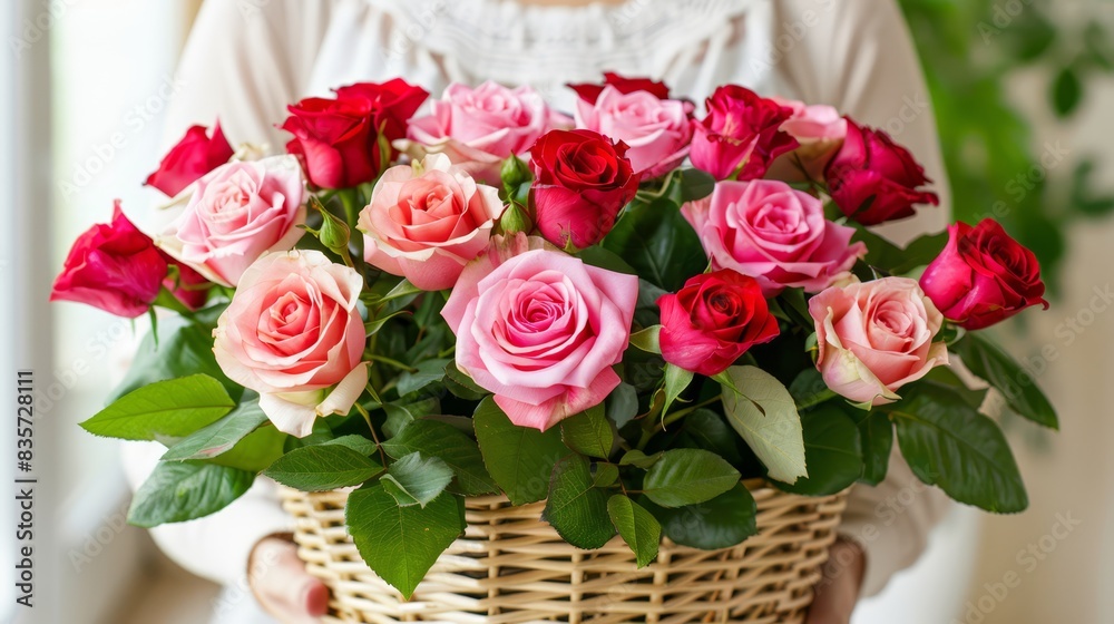 A person holds a basket filled with pink and red roses on a windowsill In the foreground, a green leafy bush frames the scene A person holds a basket filled with pink and red roses on a windowsill In the foreground, a green leafy bush frames the scene