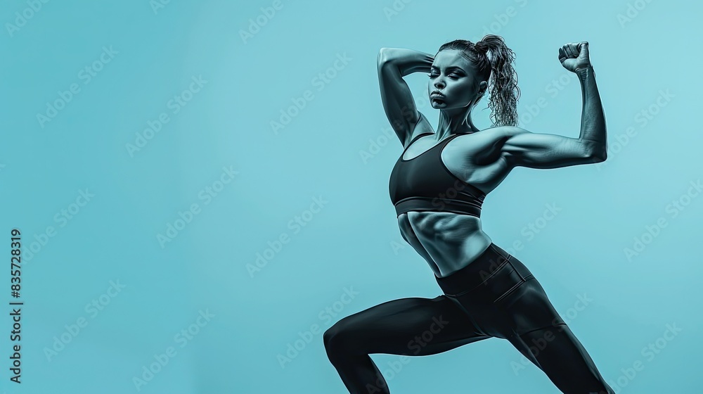 black and white female fitness model with lean muscle making a powerful pose on a powder blue background black and white female fitness model with lean muscle making a powerful pose on a powder blue background