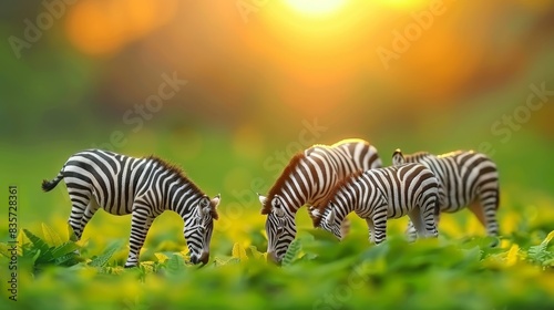  A trio of zebras graze in a verdant field  surrounded by tall green grass Sunlight bathes the scene from behind In the foreground  three zebras
