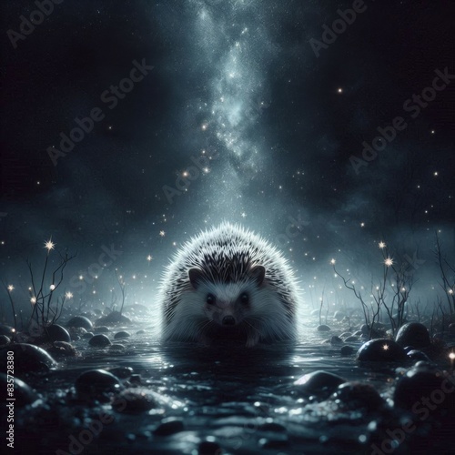 ghost hedgehog, otherworld, horror, mysticism, gloomy background, mystical forest, glowing mushrooms