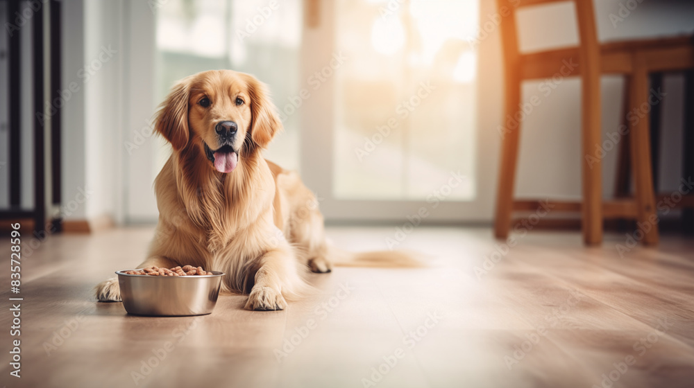 Golden retriever eating dry food in the bowl on floor, Hungry dog, Photo shot, Natural light day.